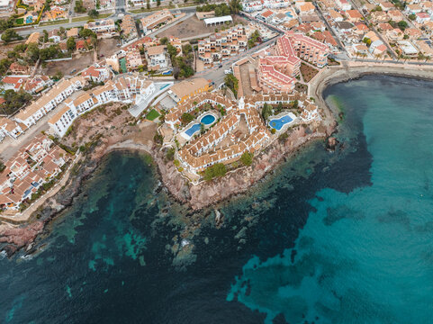 Aerial view of coastal town with medieval architecture, Calabardina, Aguilas, Spain.