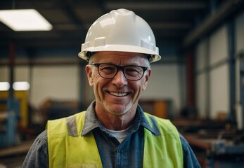 A happy Caucasian white male manufacturing worker or engineer, a senior professional engineer or foreman in the workplace