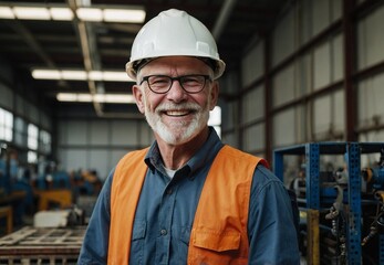 A happy Caucasian white male manufacturing worker or engineer, a senior professional engineer or foreman in the workplace