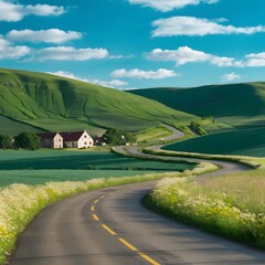 Serene countryside scene Lush green hills with fluffy white clouds