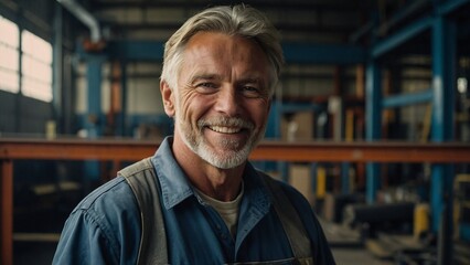 A happy Caucasian white male manufacturing worker or engineer, a senior professional engineer or foreman in the workplace