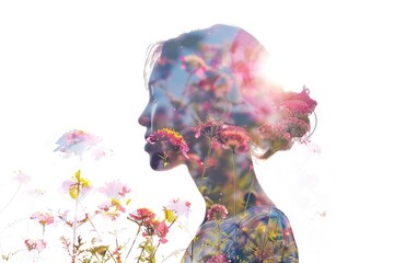 Ethereal Woman Silhouette Blended with Spring Flowers on White Background