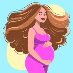 White pregnant girl, with long curly hair, very happy