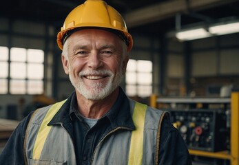 A happy Caucasian white male manufacturing worker or engineer, a senior professional engineer or foreman in the workplace