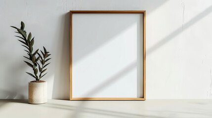 There is a wooden frame with a white background