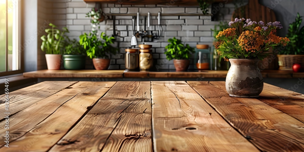 Poster warm and inviting wooden table in cozy kitchen setting with ample copy space for product display