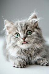 Funny large longhair gray kitten with beautiful big green eyes lying on white table. Lovely fluffy cat licking lips. Free space for text
