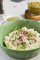Delicious Mushroom Risotto in Green Ceramic Bowl Captured in Natural Light Setting