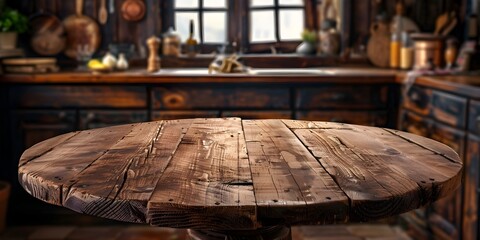 Rustic Wooden Table in Cozy Farmhouse Kitchen Setting with Warm Inviting Atmosphere and Ample Copy Space