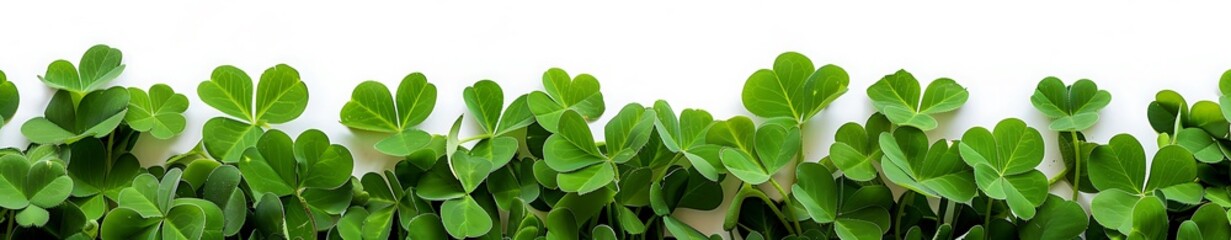 Vibrant green clover plants growing in rows isolated on white background with copy space banner design, St Patrick's Day concept