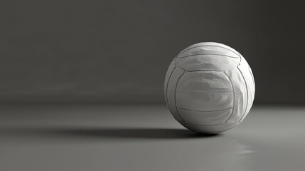 White leather volleyball on a reflective surface. The ball is slightly tilted to the right. The background is a dark grey gradient.
