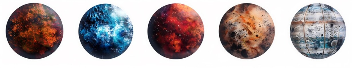 Vibrant planetary art style with a white background features five planets in different colors, each...
