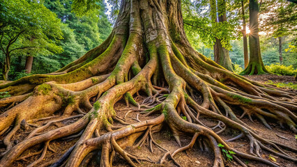 Mossy huge tree with abstract roots in green jungle forest
