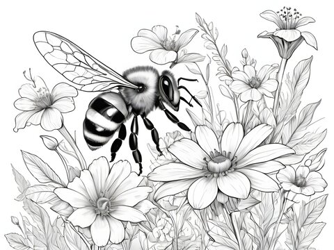 Coloring page of flowers with bees on white