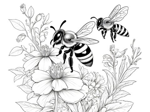 Coloring page of flowers with bees on white