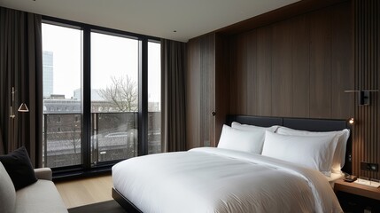 bedroom in dark colors with glass doors to the left of the bed leading to the living room, an exit to the balcony opposite the bed, and wooden panels behind the headboard.