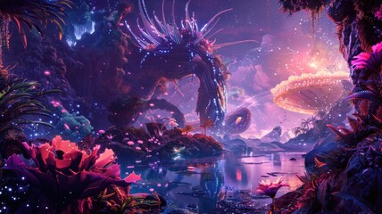 Fantastical scene with alien creatures in an otherworldly setting, highlighting vibrant and imaginative designs
