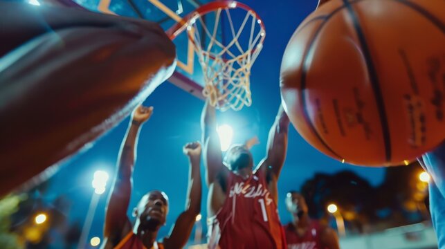 Multiracial men playing basketball on an indoor court, shooting three-pointers from a low angle，Dynamic 4K HD Wallpaper: Multiethnic Man Shooting Three-Pointer in Indoor Basketball Court.