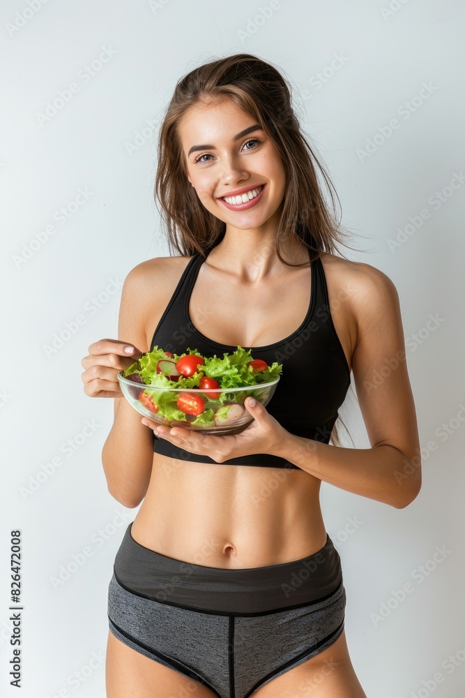 Poster A happy young slim athletic woman in sportswear with salad bowl. White background, diet concept