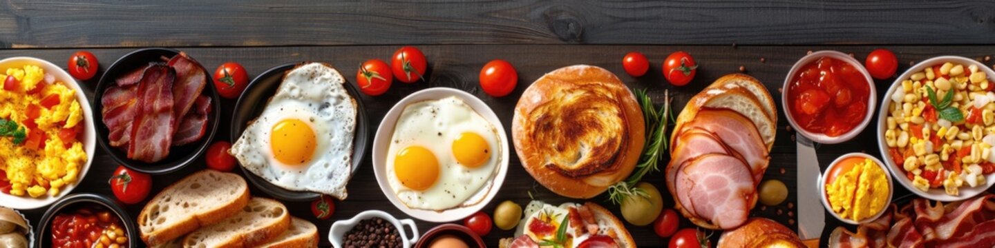 Breakfast Foods Collage. Assortment of Egg, Bacon, Toast, and Pork Meat