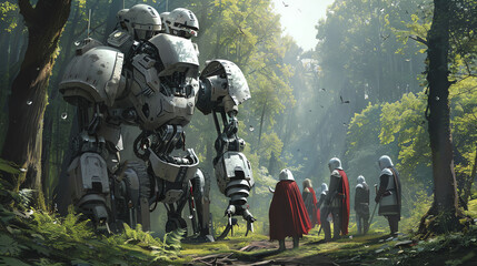 A group of armored soldiers walking through a forest. There is a large steampunk style robot in the middle of them.