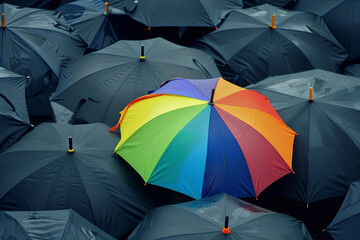 Rainbow umbrella fly out the mass of black umbrellas
