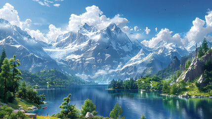 Fototapeta premium Switzerland, lakes, clouds, mountains, magazine illustrations