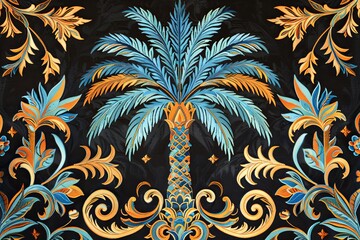 Islamic art style embroidered palm tree featuring arabesque pattern. Cultural heritage.