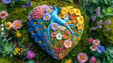 Colorful artistic heart covered in various vibrant flowers, representing love, nature, and creativity on a lush green background.