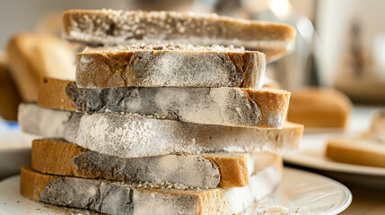 Stack of old bread which full of bread mold, Close up of mold growth on bread on white plate