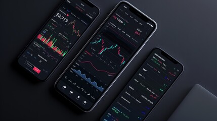 Three smartphones side by side, each showing different screens with various content and apps.