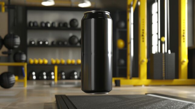 product shot of a black slimline can set against a modern gym background. Perfect for energy drinks or fitness products.