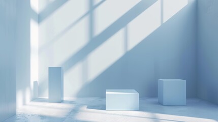 studio setting with pedestals in light blue colours. Space full of sunlight