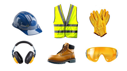 Safety equipment or personal protective equipments for industry and construction engineers. Isolated transparent background.