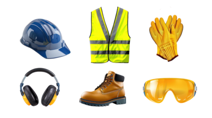 Safety equipment or personal protective equipments for industry and construction engineers. Isolated transparent background.