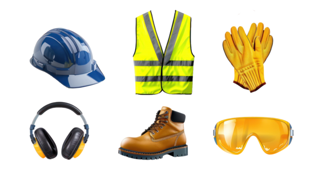 Safety equipment or personal protective equipments for industry and construction engineers. Isolated transparent background.
