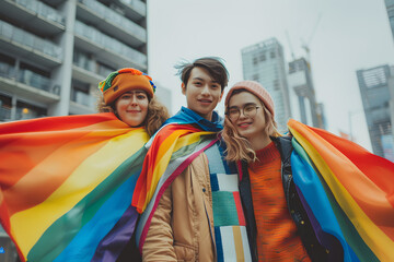Group of young transgender standing against LGBTQ flag. Happy pride month.