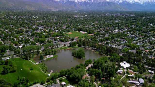 Hyperlapse aerial footage of the traffic around the Liberty Park in Salt Lake City, Utah, USA