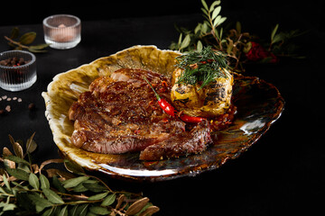 Gourmet Ribeye Steak with Roasted Potatoes on Elegant Dinner Plate