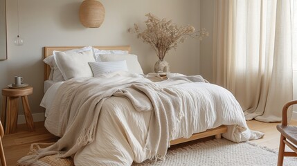 A cozy Scandinavian-style bedroom with light wood furnishings, soft textiles, and a neutral color palette.