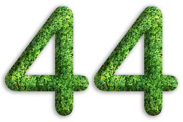 3d of the number of 44 is made from green grass on white background, go green concept