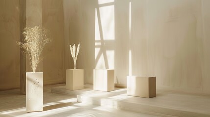 studio setting with pedestals in cream colours. Space full of sunlight
