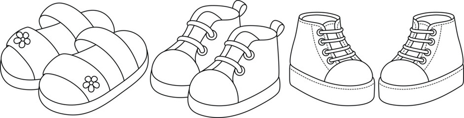 Set of cute sandals and shoes coloring page for kids isolated on white background. Black and white coloring for preschool children. Vector illustration, hand-drawn