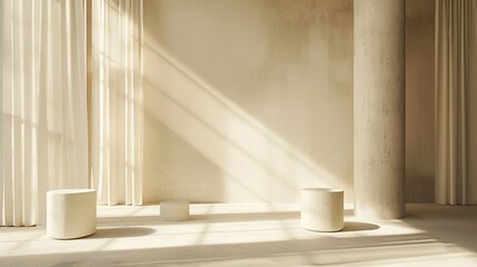 studio setting with pedestals in cream colours. Space full of sunlight