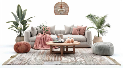 Modern Minimalist Living Room with Gray Sofa, Pink Blanket, Wooden Coffee Table, Carpet, Pendant Lamp, and Plants, White Background, Scandinavian Design, High-Resolution Detail for Product Display or 