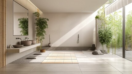 Fototapeta premium A minimalist zen bathroom with natural stone, bamboo accents, and a soothing color palette. Include a walk-in shower and simple, elegant fixtures.