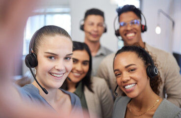 Happy, people and selfie in call center office for customer service, telemarketing and consulting with support. Diverse group, men and women with photography for bonding, picture and collaboration
