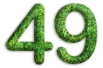 3d of the number of 49 is made from green grass on white background, go green concept
