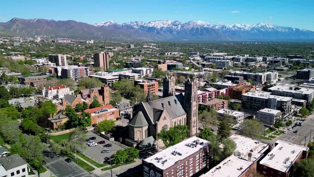 Aerial view of the Catholic Cathedral of the Madeleine on a sunny day in Salt Lake City, Utah, USA