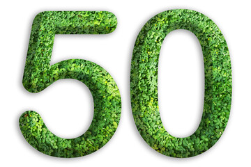 3d of the number of 50 is made from green grass on white background, go green concept